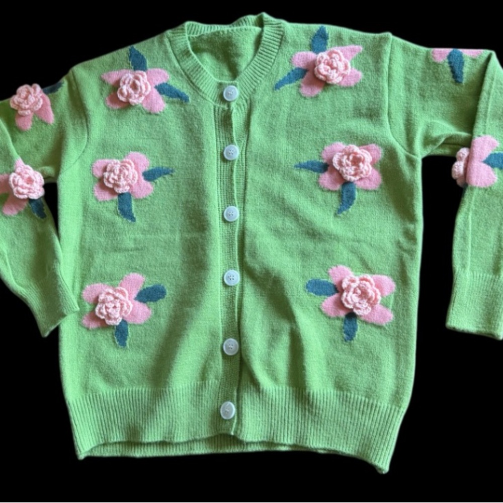 Floral Knit Cardigan in Green embroidered flowers